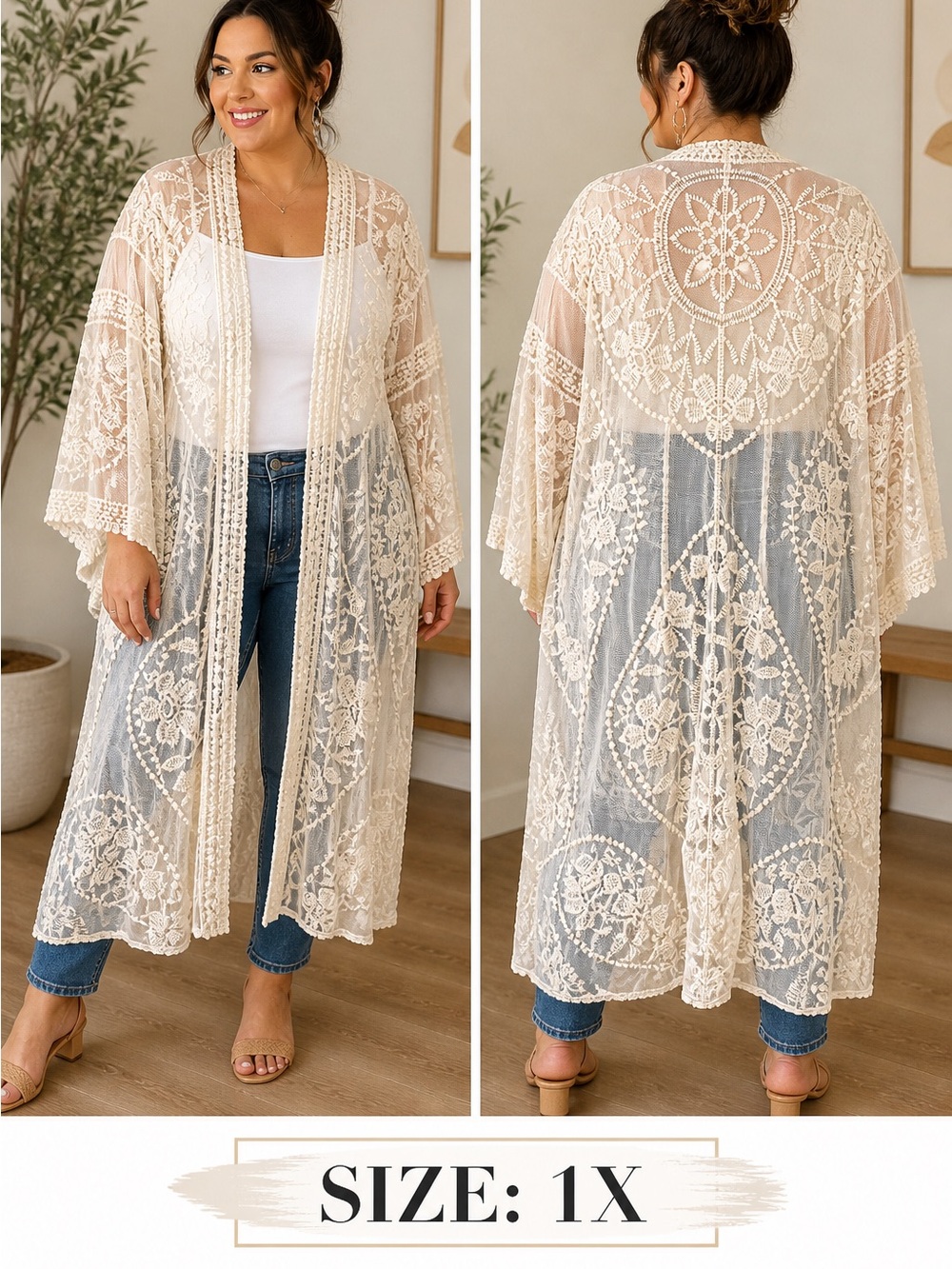 INDIGO POPPY Boho Lace Open Front komino Duster - Cream SIZE 1X